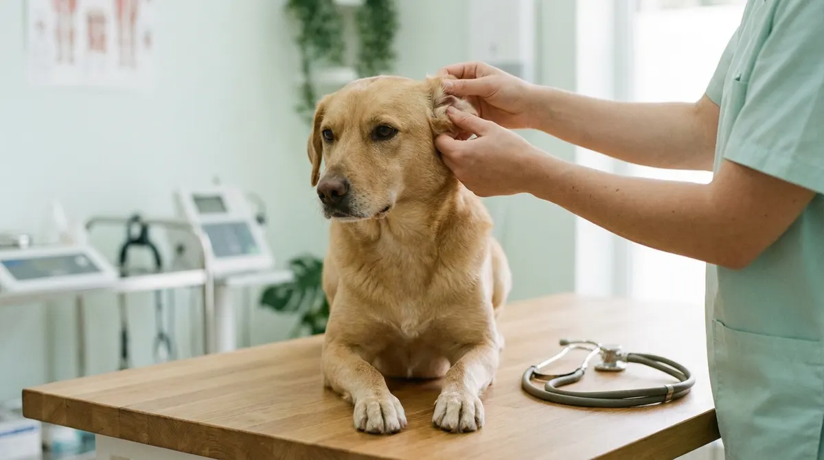 A vet examining a dog's ears at a South Bali vet clinic