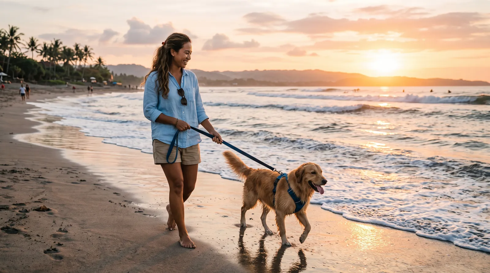Professional dog walker walking a happy dog on a Canggu beach, Bali